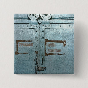 Chapa Cuadrada Proceder con cautela puerta industrial gris azul