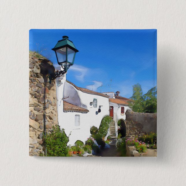 Chapa Cuadrada Pueblo mediterráneo de acuarela (Anverso)
