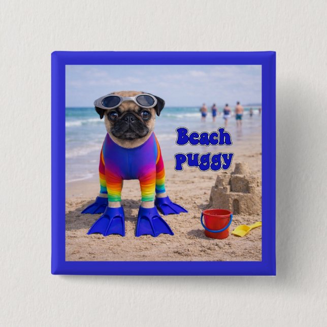 Chapa Cuadrada Pug de la Playa (Anverso)