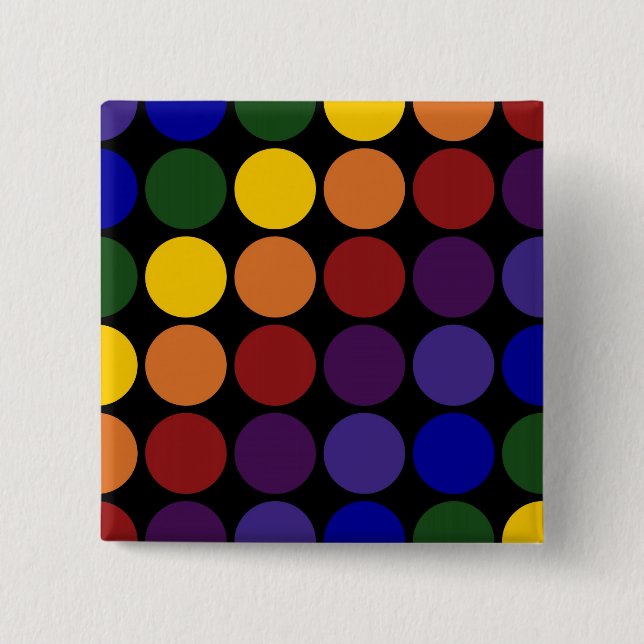 Chapa Cuadrada Puntos de polka arcoiris sobre negro (Anverso)