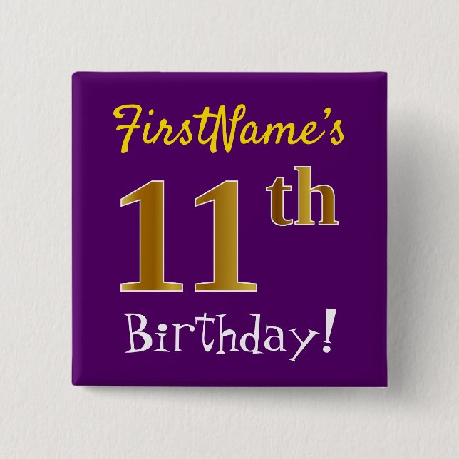 Chapa Cuadrada Purple, Faux Gold 11th Birthday, con nombre person (Anverso)