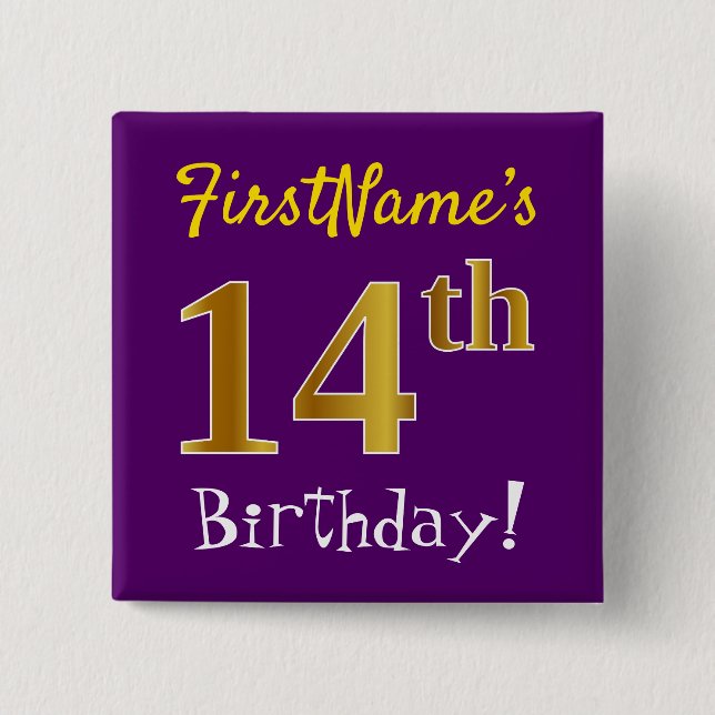Chapa Cuadrada Purple, Faux Gold 14th Birthday, con nombre person (Anverso)