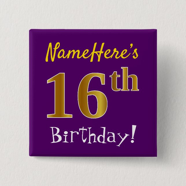 Chapa Cuadrada Purple, Faux Gold 16th Birthday, con nombre person (Anverso)