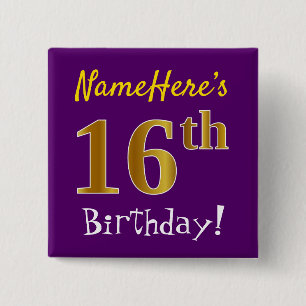Chapa Cuadrada Purple, Faux Gold 16th Birthday, con nombre person