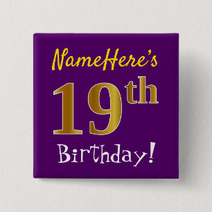 Chapa Cuadrada Purple, Faux Gold 19th Birthday, con nombre person