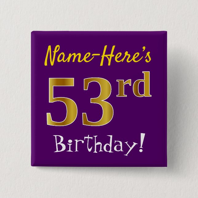 Chapa Cuadrada Purple, Faux Gold 53rd Birthday, With Custom Name (Anverso)