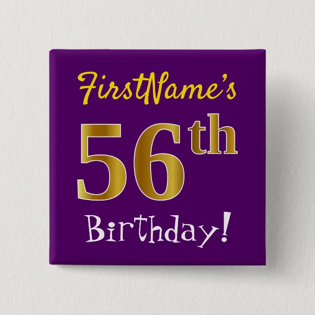 Chapa Cuadrada Purple, Faux Gold 56th Birthday, con nombre person (Anverso)