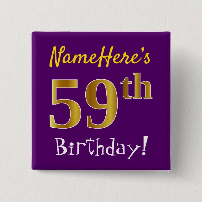 Chapa Cuadrada Purple, Faux Gold 59th Birthday, con nombre person (Anverso)