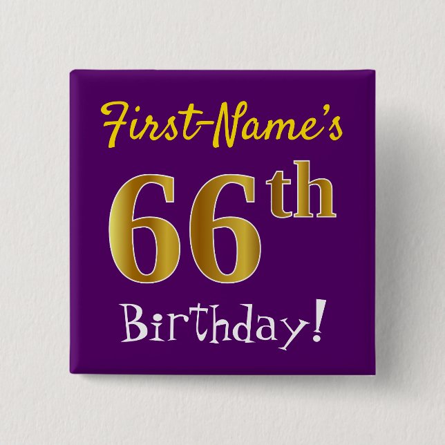 Chapa Cuadrada Purple, Faux Gold 66th Birthday, con nombre person (Anverso)