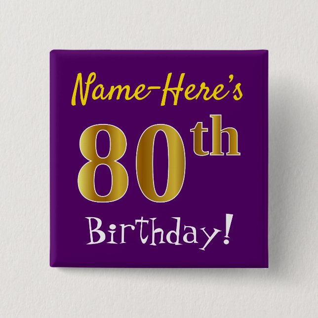 Chapa Cuadrada Purple, Faux Gold 80th Birthday, con nombre person (Anverso)