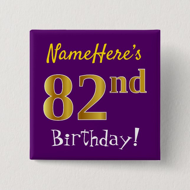 Chapa Cuadrada Purple, Faux Gold 82nd Birthday, con nombre person (Anverso)