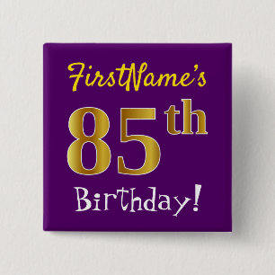 Chapa Cuadrada Purple, Faux Gold 85th Birthday, con nombre person