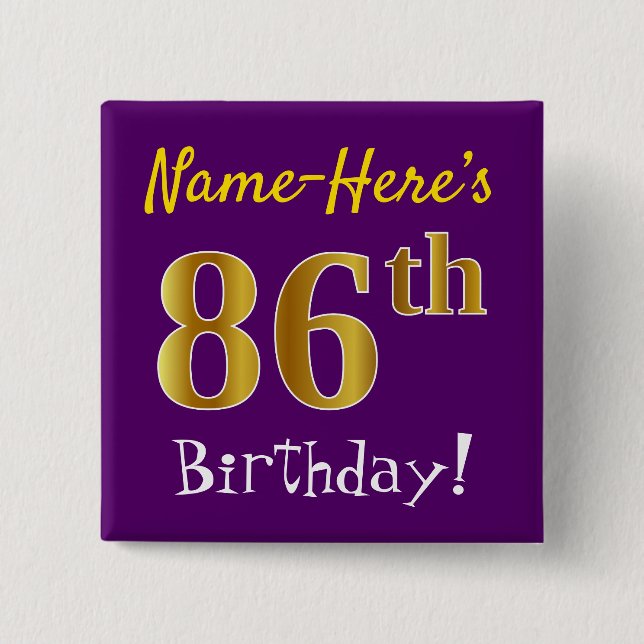 Chapa Cuadrada Purple, Faux Gold 86th Birthday, con nombre person (Anverso)