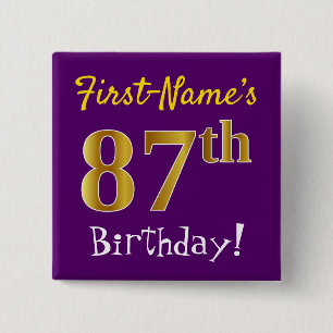 Chapa Cuadrada Purple, Faux Gold 87th Birthday, con nombre person