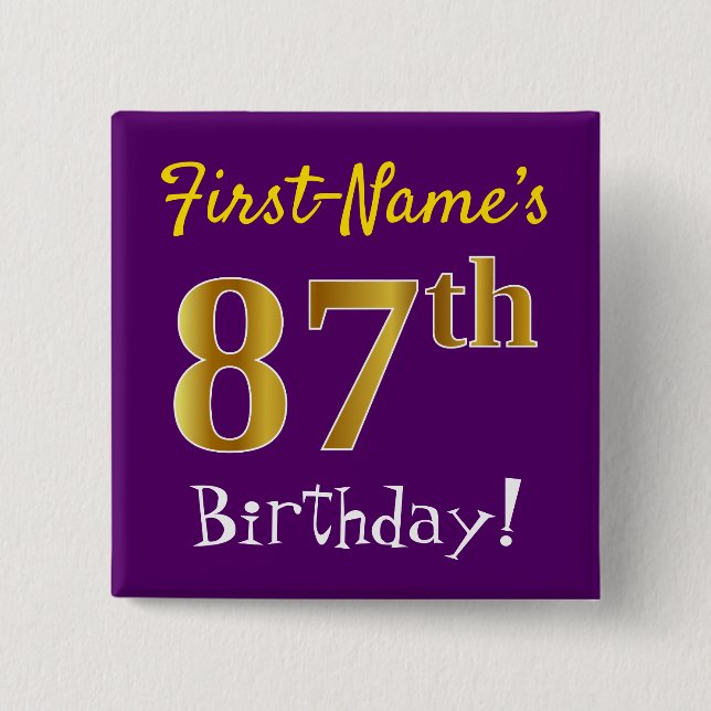 Chapa Cuadrada Purple, Faux Gold 87th Birthday, con nombre person (Anverso)