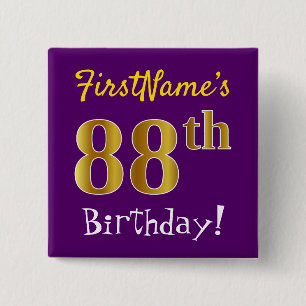 Chapa Cuadrada Purple, Faux Gold 88th Birthday, con nombre person