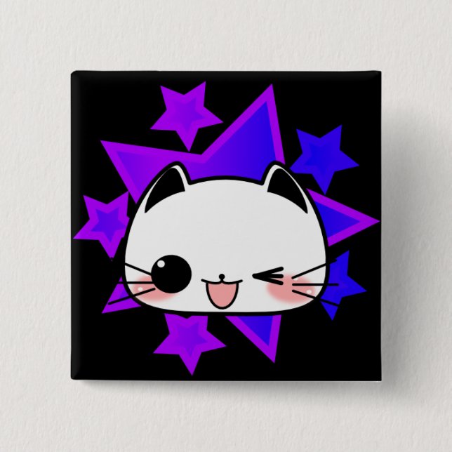 Chapa Cuadrada Purple stars. White cat. (Anverso)