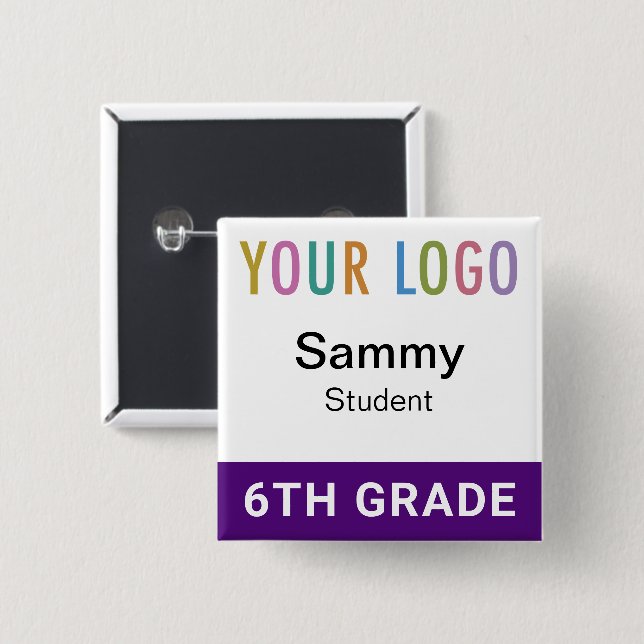 Chapa Cuadrada Purple Student Name Badge Button with School Logo (Anverso y reverso)
