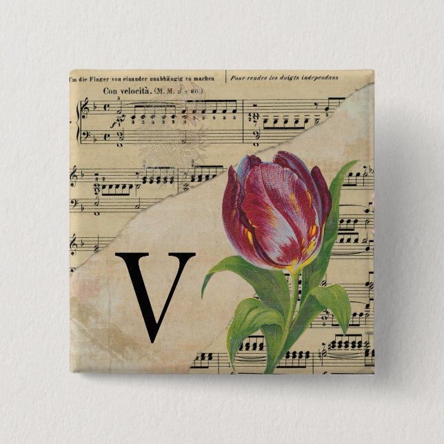 Chapa Cuadrada Purple Tulip Sheet Music Monogram Initial V (Anverso)