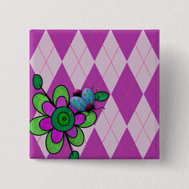 Chapa Cuadrada Púrpura Flor y Ladybug (Anverso)