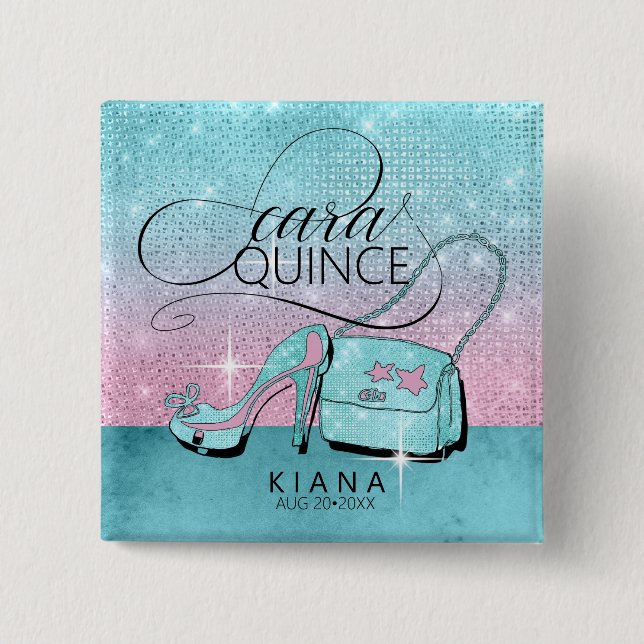 Chapa Cuadrada Purpurina y brillantes Quinceanera V2 Verde azulad (Anverso)