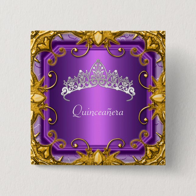 Chapa Cuadrada Quinceanera 15th Birthday Party Purple Tiara (Anverso)