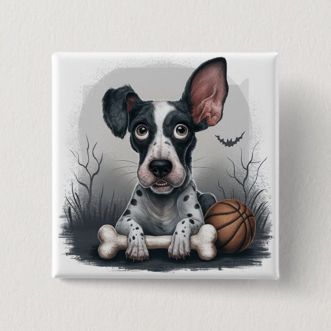 Chapa Cuadrada Quirky Halloween Pup: Perro visto con baloncesto (Anverso)