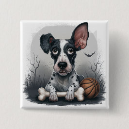 Chapa Cuadrada Quirky Halloween Pup: Perro visto con baloncesto