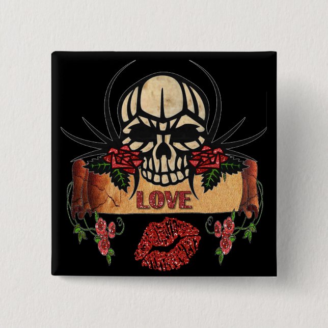 Chapa Cuadrada RAB Rockabilly Cráneo Rosas Amor Lápiz Labial (Anverso)