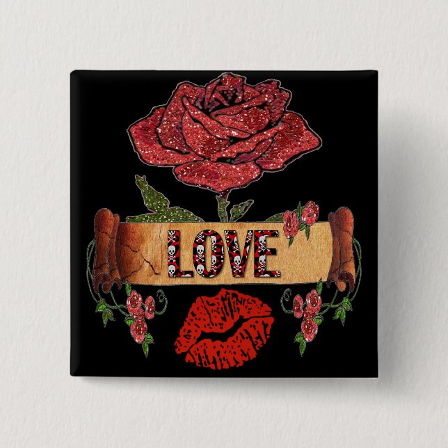 Chapa Cuadrada RAB Rockabilly Valentine Rosas, Love & Lipstick (Anverso)