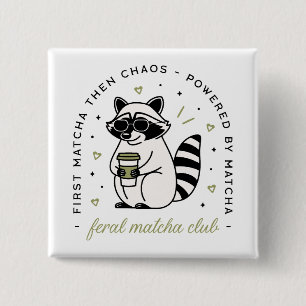 Chapa Cuadrada Raccoon bebiendo matcha club divertido animal kawa