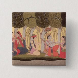 Chapa Cuadrada Radha y Krishna asentados en una arboleda, Kulu