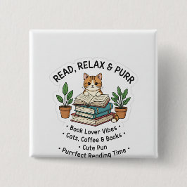 Chapa Cuadrada Read Relax & Purr – Cute Cat With Books Sticker |।