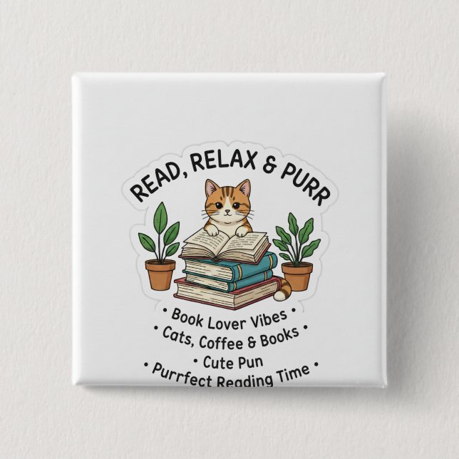Chapa Cuadrada Read Relax & Purr – Cute Cat With Books Sticker |। (Anverso)