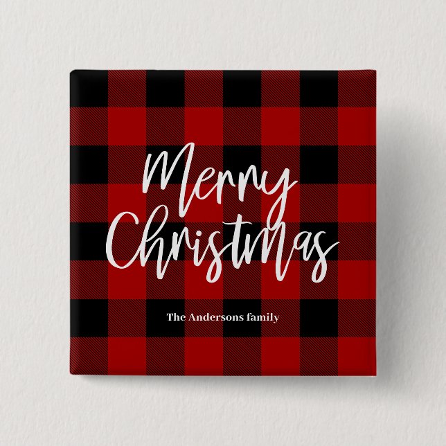 Chapa Cuadrada Red Buffalo Plaid & Merry Christmas|Nombre persona (Anverso)