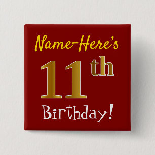 Chapa Cuadrada Red, Faux Gold 11th Birthday, con nombre personali