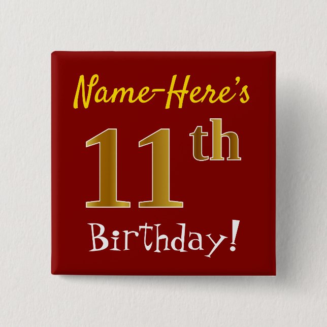 Chapa Cuadrada Red, Faux Gold 11th Birthday, con nombre personali (Anverso)