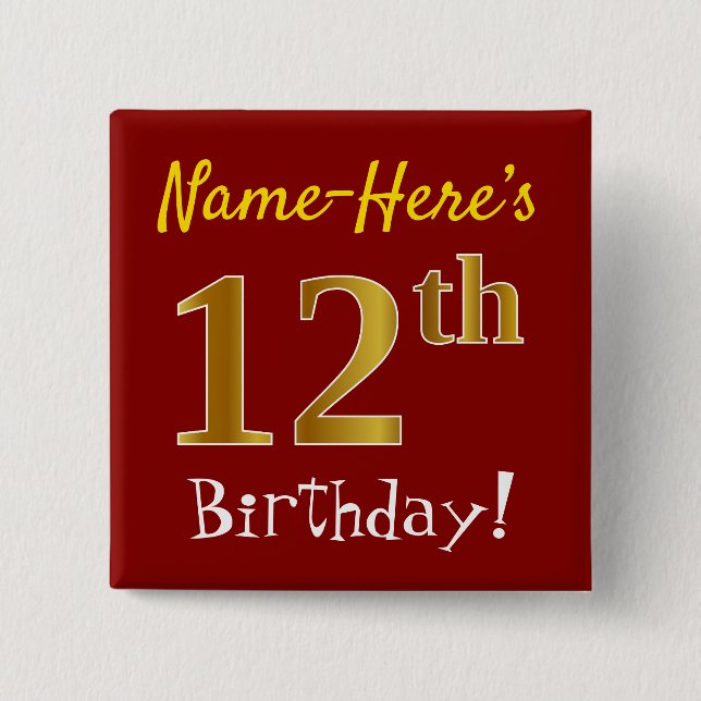 Chapa Cuadrada Red, Faux Gold 12th Birthday, con nombre personali (Anverso)