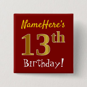 Chapa Cuadrada Red, Faux Gold 13th Birthday, con nombre personali