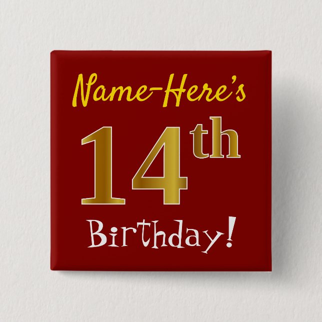 Chapa Cuadrada Red, Faux Gold 14th Birthday, con nombre personali (Anverso)
