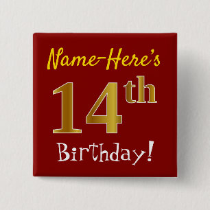Chapa Cuadrada Red, Faux Gold 14th Birthday, con nombre personali