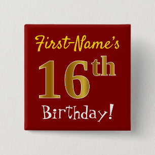 Chapa Cuadrada Red, Faux Gold 16th Birthday, con nombre personali