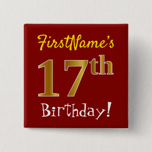 Chapa Cuadrada Red, Faux Gold 17th Birthday, con nombre personali