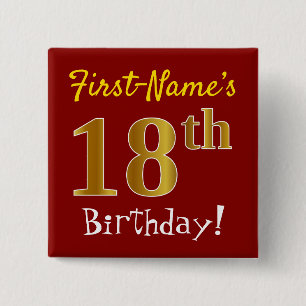 Chapa Cuadrada Red, Faux Gold 18th Birthday, con nombre personali