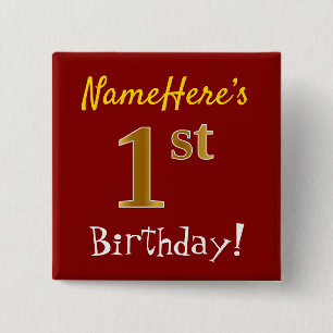 Chapa Cuadrada Red, Faux Gold 1er cumpleaños, con nombre personal