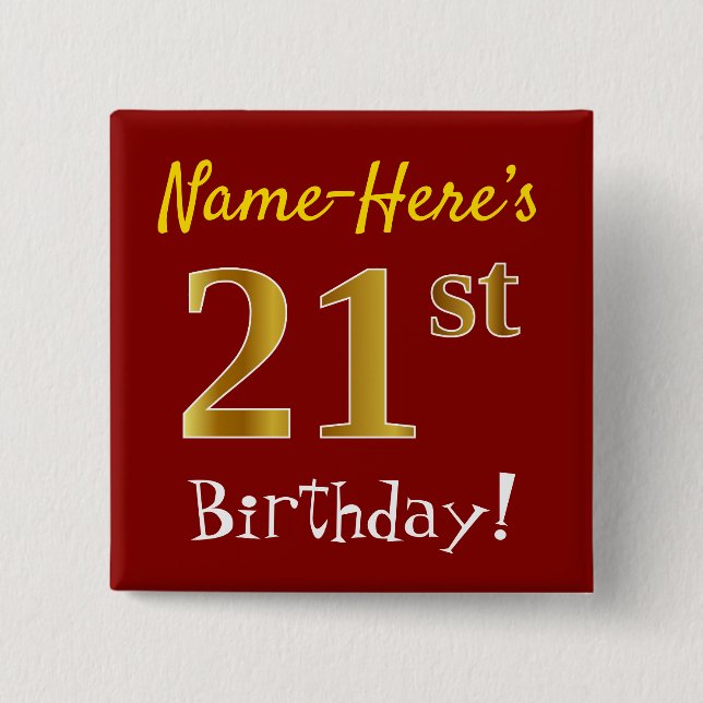 Chapa Cuadrada Red, Faux Gold 21st Birthday, con nombre personali (Anverso)
