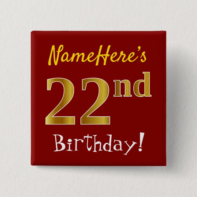 Chapa Cuadrada Red, Faux Gold 22nd Birthday, con nombre personali (Anverso)