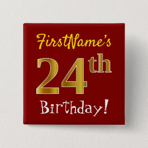 Chapa Cuadrada Red, Faux Gold 24th Birthday, con nombre personali