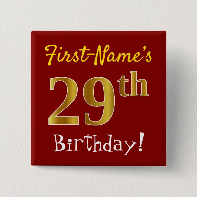 Chapa Cuadrada Red, Faux Gold 29th Birthday, con nombre personali (Anverso)