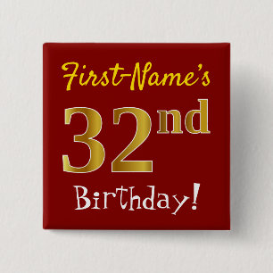 Chapa Cuadrada Red, Faux Gold 32nd Birthday, con nombre personali